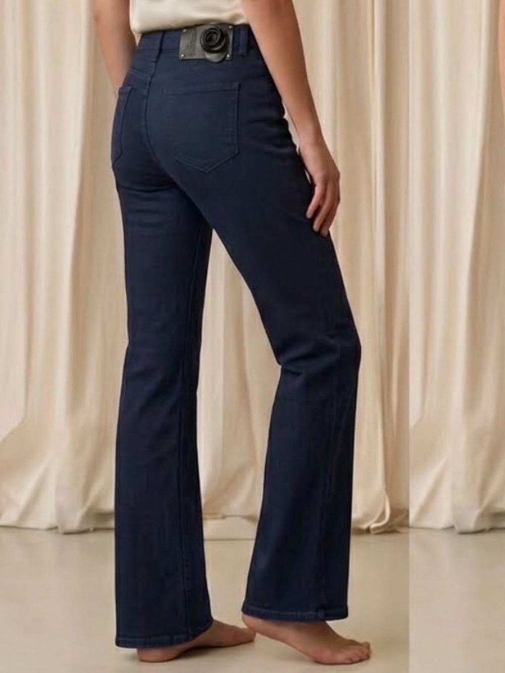 RED Valentino Deep Blue Leather Rose Applique Denim